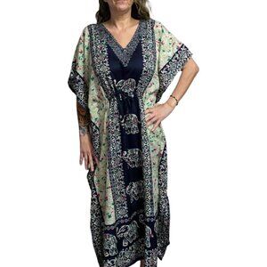 One Size*Navy/Cream Dashiki Caftan Maxi Dress--V-Neck--Elephant Print